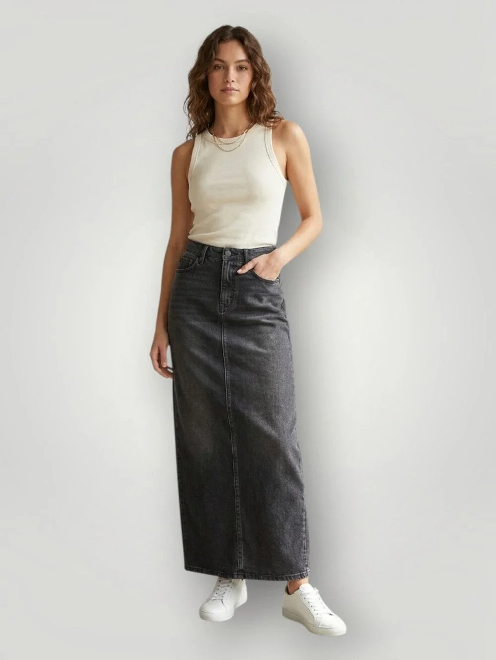 Good American Tube Maxi Skirt Black Denim Size 4/27 High Rise Column Y2K Revival